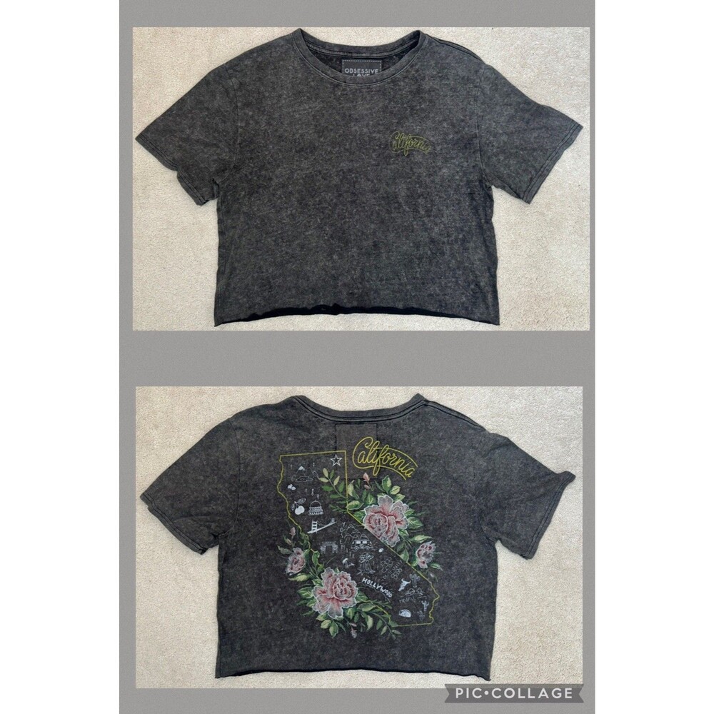 Obsessive Love Medium Black Acid Washed Graphic Crop Top